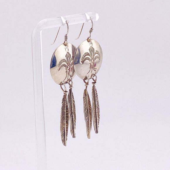 Vintage Sterling Silver Fleur De Lis Thunderbird Drop Earrings Southwestern